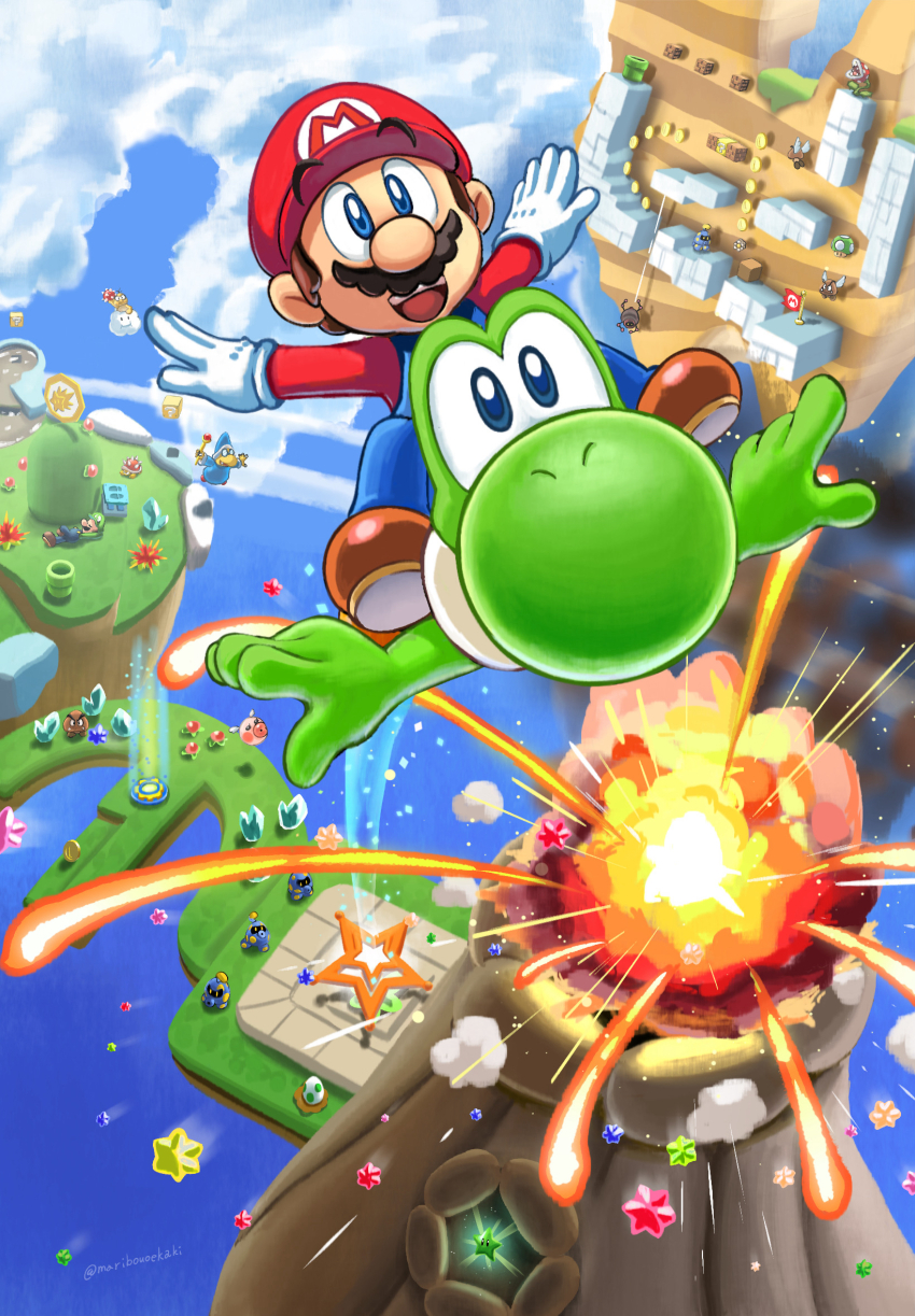 ?_block, artist_name, block_(mario), blue_eyes, cloud, coin, crystal, facial_hair, flag, flagpole, flying, gloves, goomba, hat, highres, lakitu, lakitu's_cloud, launch_star_(mario), luigi, magikoopa, maribou_(supermaribou), mario, mario_(series), mustache, nintendo, octoomba, paragoomba, piranha_plant, red_hat, smeech, spangler, spiny, spiny_egg, star_(symbol), star_bit, super_mario_galaxy_2, super_star_(mario), trampoline_(mario), volcano, warp_pipe, water, white_gloves, yoshi, yoshi_egg