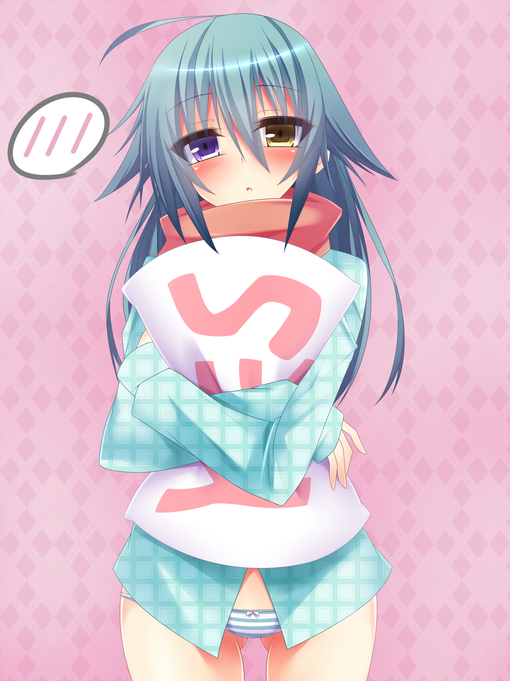 1girl, ahoge, argyle_background, argyle_clothes, blue_hair, blush, bow, bow_panties, dress_shirt, female_focus, heterochromia, highres, hugging_object, lowleg, lowleg_panties, open_mouth, original, pajamas, panties, pillow, pillow_hug, purple_eyes, rebecca_arcane, scarf, shirt, solo, striped_clothes, striped_panties, suterii, underwear, yellow_eyes, yes, yes-no_pillow