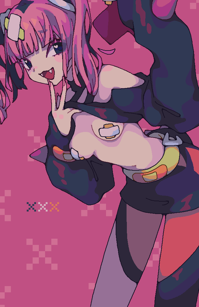 1girl, :d, bandaid, bandaid_hair_ornament, belt, black_eyes, black_shirt, black_skirt, blunt_bangs, breasts, clothes_lift, coral_(pokemon), cross, cross_pasties, fangs, grey_pantyhose, hair_ornament, holding, holding_phone, hurousya_95, long_sleeves, looking_at_viewer, miniskirt, navel, nintendo, off-shoulder_shirt, off_shoulder, open_mouth, pantyhose, pasties, phone, pink_background, pink_hair, pink_nails, pokemon, pokemon_(anime), pokemon_horizons, rotom, rotom_phone, shirt, shirt_lift, simple_background, skirt, sleeves_past_wrists, small_breasts, smile, solo, standing, twintails, upper_body, v, yellow_belt