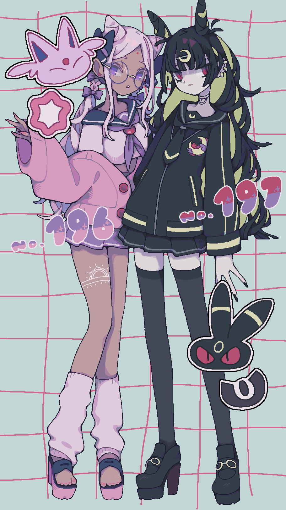 2girls, black_hair, black_jacket, black_nails, black_necktie, black_sailor_collar, black_shoes, black_skirt, black_thighhighs, blonde_hair, bow, cardigan, cat_ear-shaped_hair, chibi, chibi_inset, crescent, crescent_hair_ornament, crop_top, dark-skinned_female, dark_skin, espeon, facial_mark, forehead_mark, full_body, gen_2_pokemon, grey_background, hair_ornament, hairclip, high_heels, highres, hurousya_95, jacket, leg_warmers, looking_at_viewer, multicolored_hair, multiple_girls, neckerchief, necktie, nintendo, personification, pink_cardigan, pink_leg_warmers, pink_nails, pink_shirt, pink_shoes, pokedex_number, pokemon, purple_bow, purple_eyes, purple_hair, purple_neckerchief, purple_sailor_collar, purple_skirt, red_eyes, sailor_collar, shirt, shoes, simple_background, skirt, standing, thighhighs, twitter_username, two-tone_hair, umbreon