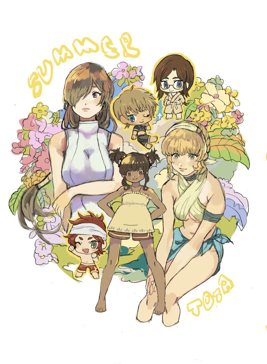 3boys, 3girls, anise_tatlin, anise_tatlin_(not_a_kid), arm_under_breasts, bare_shoulders, bikini, blonde_hair, blue_eyes, blue_sarong, breasts, brown_hair, chibi, chibi_inset, closed_mouth, commentary, cropped_legs, dark-skinned_female, dark_skin, english_commentary, floral_background, flower, full_body, glasses, green_eyes, guy_cecil, guy_cecil_(aquatic_age), hair_over_one_eye, highres, jade_curtiss, jade_curtiss_(resort_king), large_breasts, leostoa, long_hair, looking_at_viewer, luke_fon_fabre, luke_fon_fabre_(towel_boy), medium_breasts, multiple_boys, multiple_girls, natalia_luzu_kimlasca_lanvaldear, natalia_luzu_kimlasca_lanvaldear_(tropical_butterfly), official_alternate_costume, one-piece_swimsuit, one_eye_closed, pink_flower, red_hair, sarong, short_hair, smile, summer, swimsuit, tales_of_(series), tales_of_the_abyss, tear_grants, tear_grants_(rental_beauty), towel, towel_on_head, twintails, upper_body, white_one-piece_swimsuit, yellow_flower