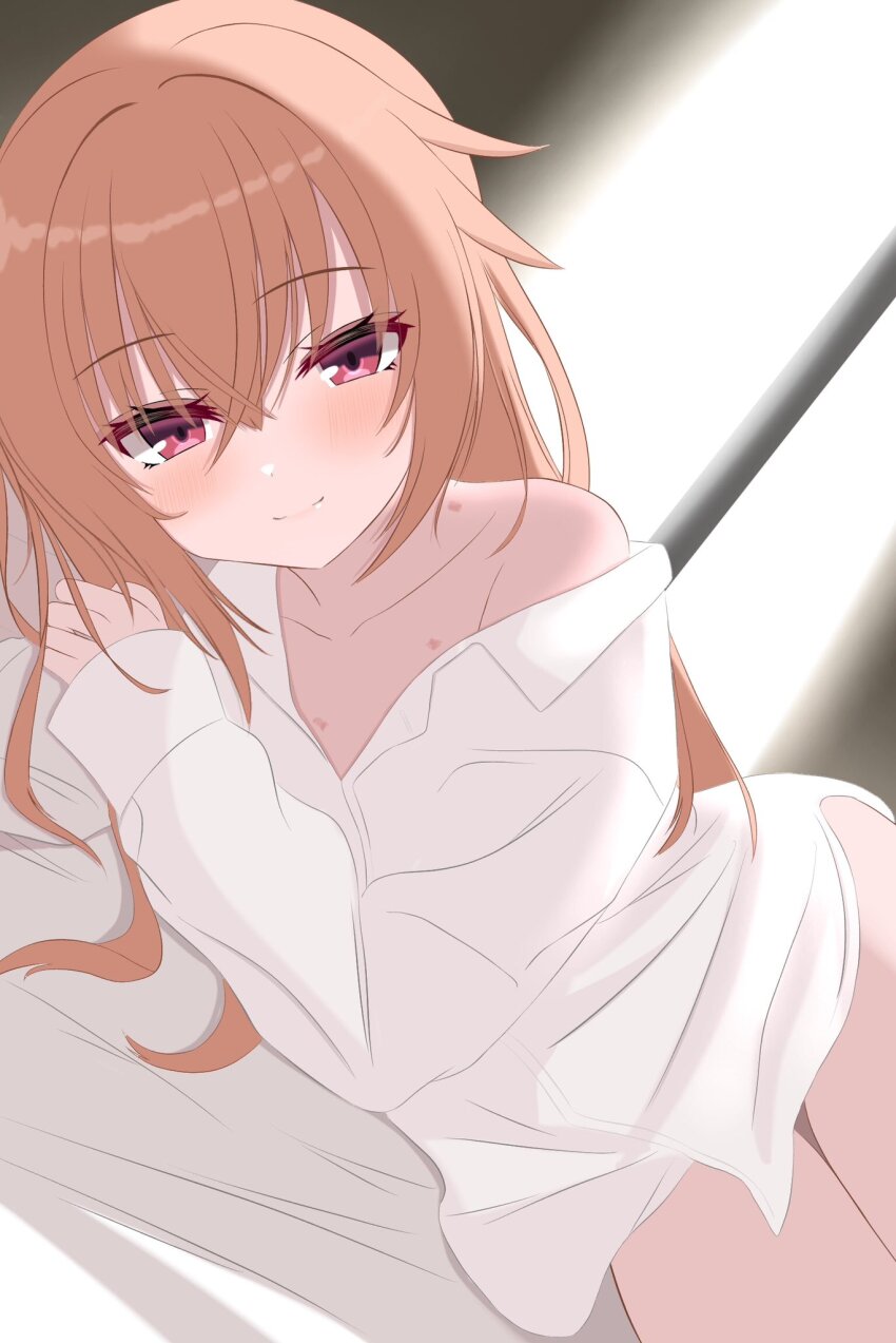 1girl, alternate_costume, alternate_hairstyle, backlighting, blush, borrowed_clothes, chinoha_usagi, closed_mouth