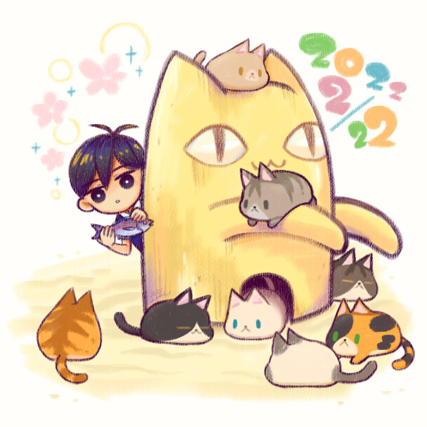 1boy, animal, antenna_hair, big_yellow_cat_(omori), black_eyes, black_hair, black_sweater_vest, bright_pupils, cat, claus_(omori), collared_shirt, dated, double-parted_bangs, fish, hair_between_eyes, highres, holding, holding_animal, holding_fish, laser-lance, male_focus, omori, parted_lips, shirt, short_hair, short_sleeves, solo, sunny_(omori), sweater_vest, white_pupils, white_shirt