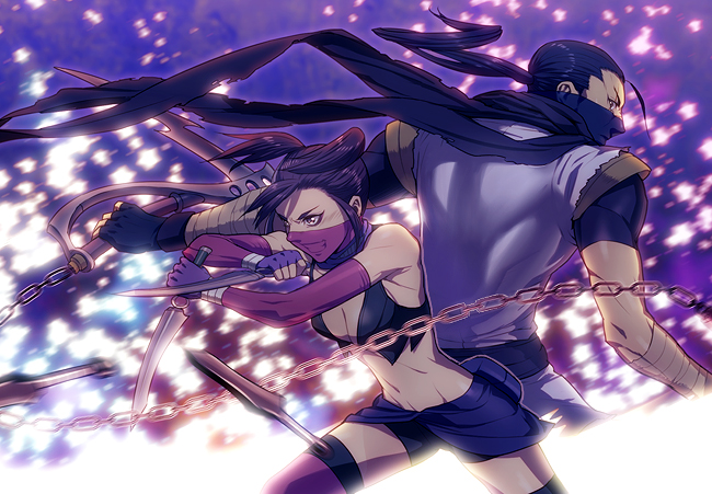 1boy, 1girl, bike_shorts, black_hair, brown_eyes, chain, elbow_gloves, fingerless_gloves