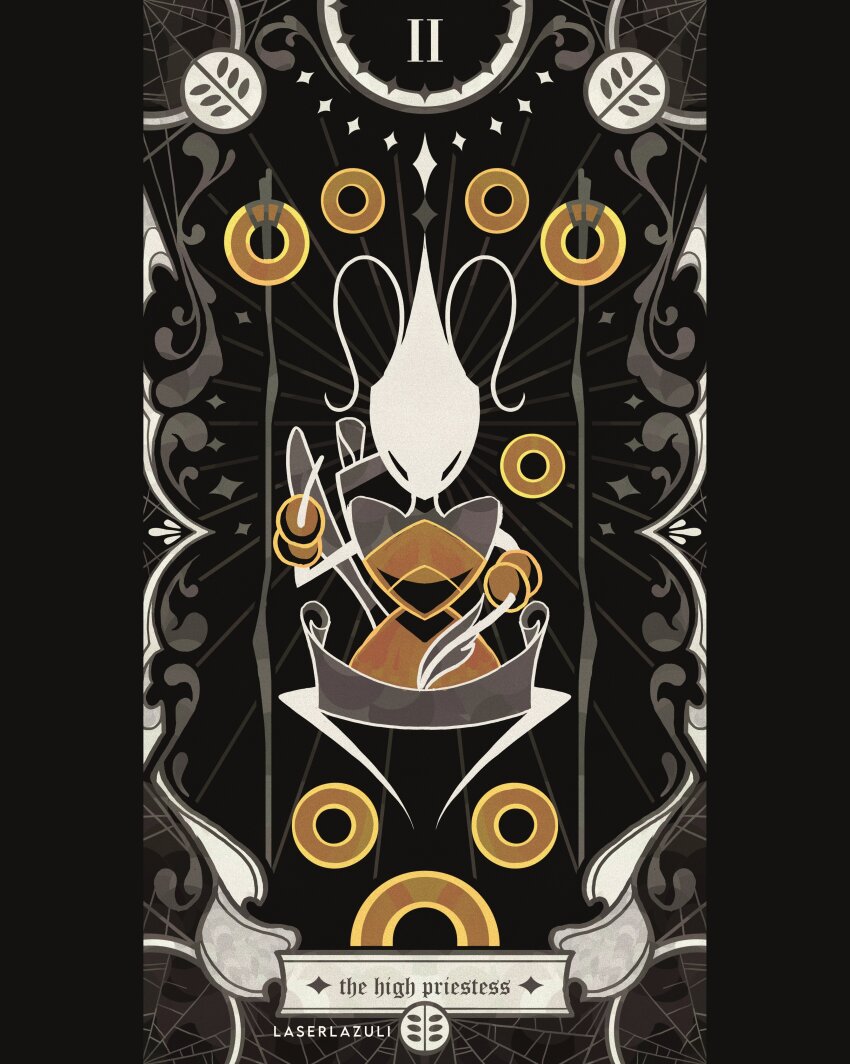 1girl, absurdres, antennae, arthropod_girl, artist_name, bracelet, card_(medium), colored_skin, commentary, english_commentary, english_text, full_body, gold_ring, highres, holding, holding_map, holding_quill, hollow_knight, hollow_knight:_silksong, jewelry, laserlazuli, map, pillarboxed, quill, ring, shakra_(hollow_knight), silk, solo, spider_web, spot_color, squatting, stick, tarot, tarot_(medium), the_high_priestess_(tarot), white_mask