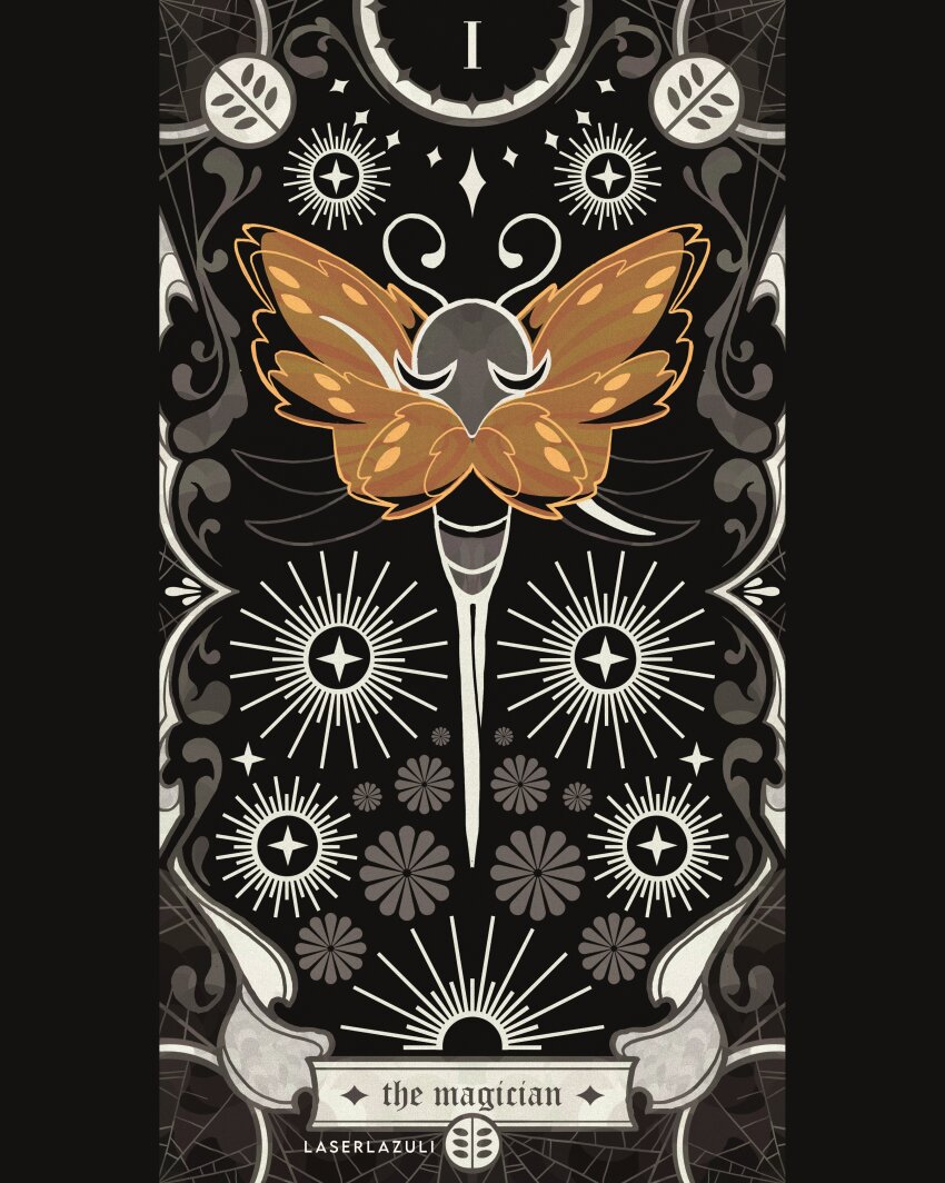 1boy, absurdres, antennae, arthropod_boy, artist_name, black_skin, card_(medium), cloak, closed_eyes, colored_skin, commentary, english_commentary, english_text, full_body, highres, hollow_knight, hollow_knight:_silksong, laserlazuli, mask, pillarboxed, silk, solo, spider_web, spot_color, tarot, tarot_(medium), the_magician_(tarot), trobbio_(hollow_knight)