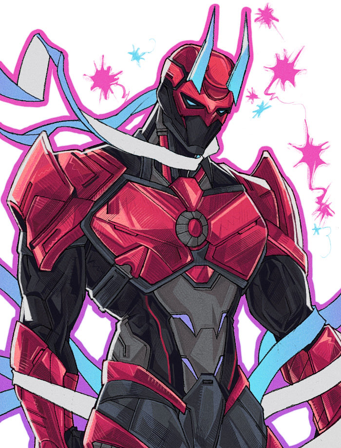 1boy, blue_eyes, blue_horns, bodysuit, cowl, daredevil, daredevil_(2099), dotori_012