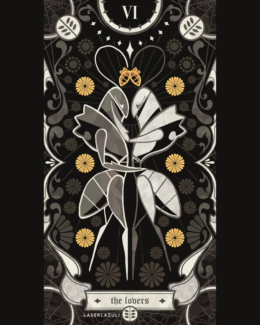 2boys, absurdres, antennae, arthropod_boy, artist_name, card_(medium), closed_eyes, commentary, english_commentary, english_text, full_body, green_prince_(hollow_knight), heart_antennae, highres, hollow_knight, hollow_knight:_silksong, hug, laserlazuli, male_focus, mantis_boy, multiple_boys, pillarboxed, silk, solo, spider_web, spot_color, standing, tarot, tarot_(medium), the_lovers_(tarot), yaoi