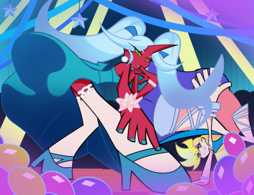 2girls, absurdres, blonde_hair, blue_dress, blue_eyes, blue_ribbon, covered_pussy, demon_girl