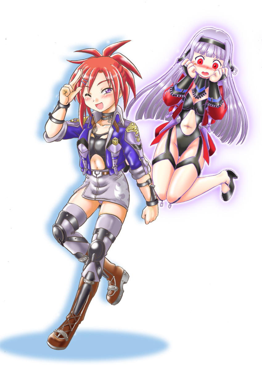 2girls, absurdres, aisaka_sayo, aqua_centolm, aqua_centolm_(cosplay), asakura_kazumi, banpresto, blue_eyes, blush, cosplay, flying, highres, hoshikawa_tsukimi, hugo_medio, hugo_medio_(cosplay), jacket, leotard, long_hair, mahou_sensei_negima!, miniskirt, multiple_girls, navel, panties, pantyshot, ponytail, red_eyes, red_hair, salute, voice_actor_connection, shiratori_yuri, silver_hair, skirt, super_robot_wars, super_robot_wars_mx, thighhighs, underwear