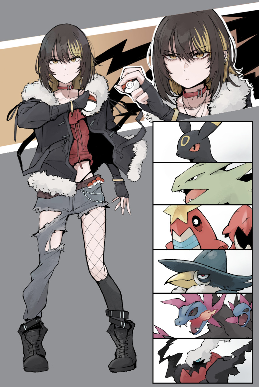 belt, black_hair, blonde_hair, boots, choker, crawdaunt, darkrai, denim