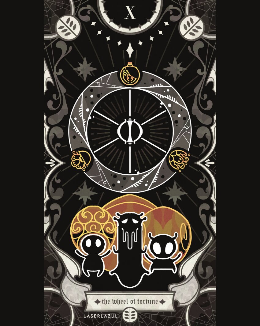 1girl, 2boys, absurdres, artist_name, bell_hermit_(hollow_knight), black_skin, blank_eyes, bug