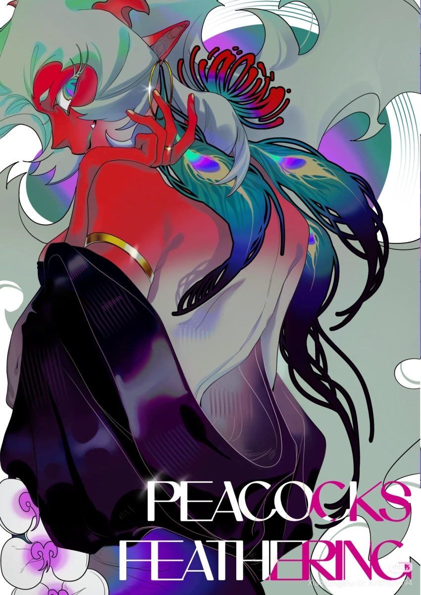 1girl, absurdly_long_hair, armlet, artist_name, backless_dress, backless_outfit, bad_source, bare_arms, bare_back, bare_shoulders, black_dress, circle, closed_mouth, colored_skin, curvy, demon_girl, demon_horns, dress, earrings, english_text, fang, fang_out, flower, glint, gold_armlet, gold_earrings, gradient_clothes, gradient_dress, gradient_eyes, green_eyes, green_lips, guru.zong, hair_flower, hair_ornament, hand_on_own_neck, hand_up, head_tilt, highres, hoop_earrings, horns, jewelry, long_dress, long_eyelashes, long_hair, long_sidelocks, looking_at_viewer, makeup, mature_female, multicolored_eyes, nail_polish, orchid, panty_&amp;_stocking_with_garterbelt, peacock_feathers, pointed_bangs, pointy_ears, purple_dress, purple_eyes, raised_eyebrows, red_flower, red_horns, red_skin, scanty_(psg), sidelocks, sideways_glance, simple_background, sleeveless, sleeveless_dress, slit_pupils, smile, solo, spider_lily, standing, strapless, strapless_dress, two-tone_dress, two-tone_eyes, upper_body, very_long_hair, white_background, white_flower, white_nails, xiaohongshu