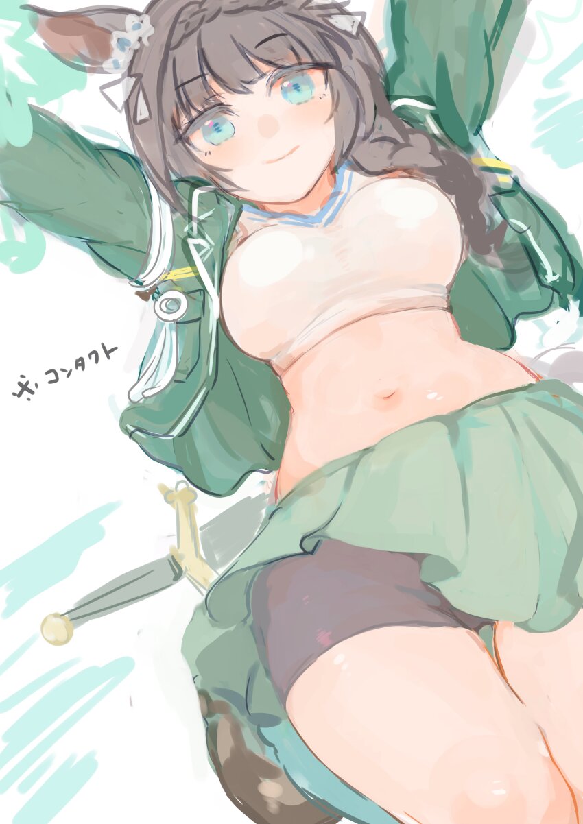 1girl, absurdres, animal_ears, arms_up, black_hair, black_shorts, blue_eyes, blush