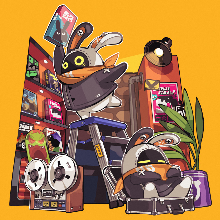 2others, aaarkgkaaa, bandana, bangboo_(zenless_zone_zero), brick_wall, briefcase, highres, holding