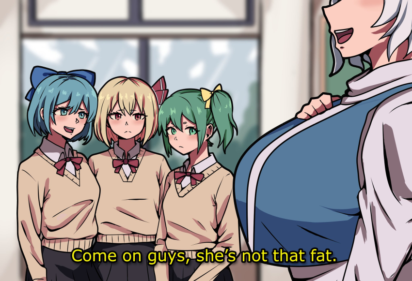 4girls, alternate_costume, andycookiez, black_skirt, blonde_hair, blue_bow, blue_hair, blush