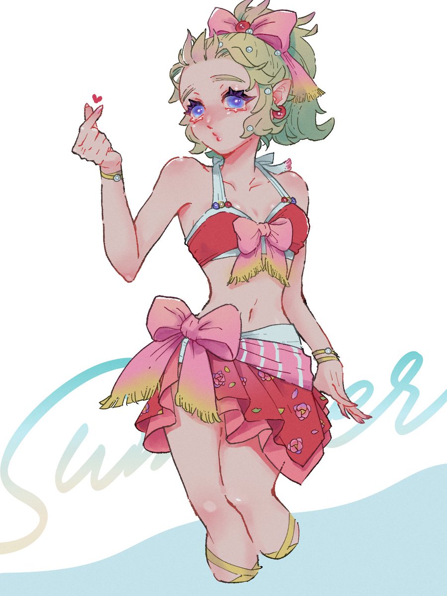 1girl, bare_shoulders, bikini, bikini_skirt, blue_eyes, bow, bracelet, breasts