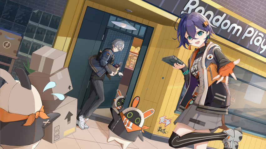 1boy, 1girl, 3others, absurdres, bandana, bangboo_(zenless_zone_zero), belle_(zenless_zone_zero), box