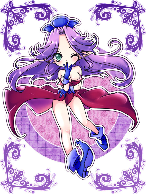 1girl, angela_(seiken_densetsu_3), blush, boots, breasts, cape, chibi, cleavage