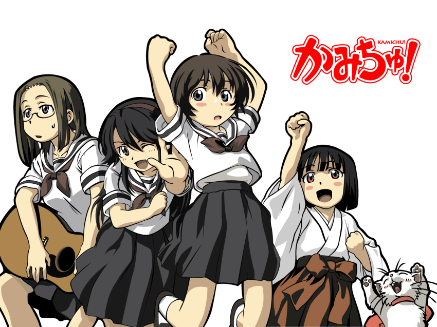 00s, 4girls, arms_up, black_hair, blue_eyes, blush, blush_stickers, brown_eyes