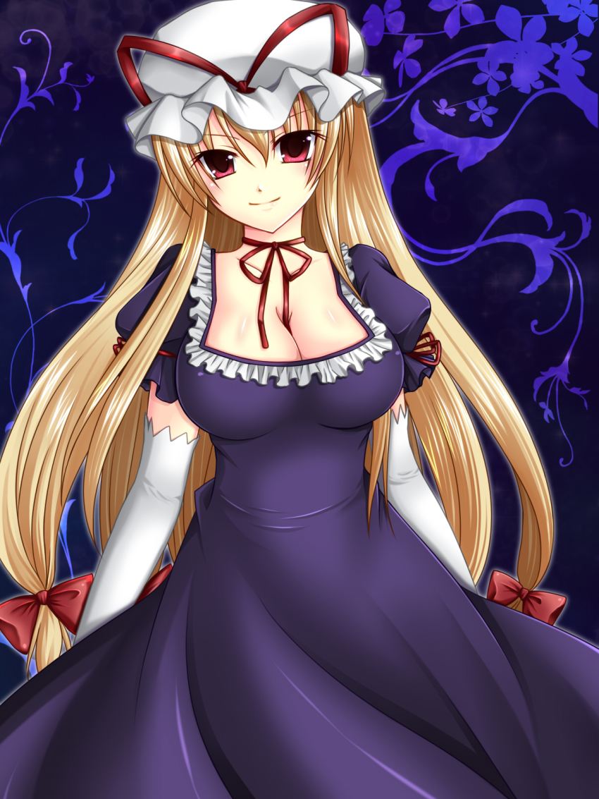 1girl, asazuki_kanai, blonde_hair, bow, breasts, cleavage, dress, elbow_gloves