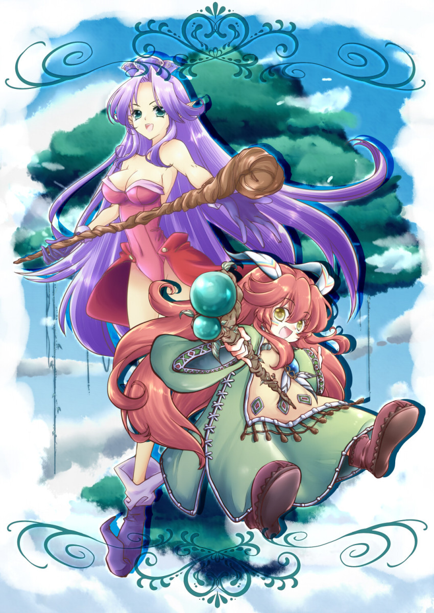 1boy, 1girl, :d, androgynous, angela_(seiken_densetsu_3), breasts, cleavage, crossover