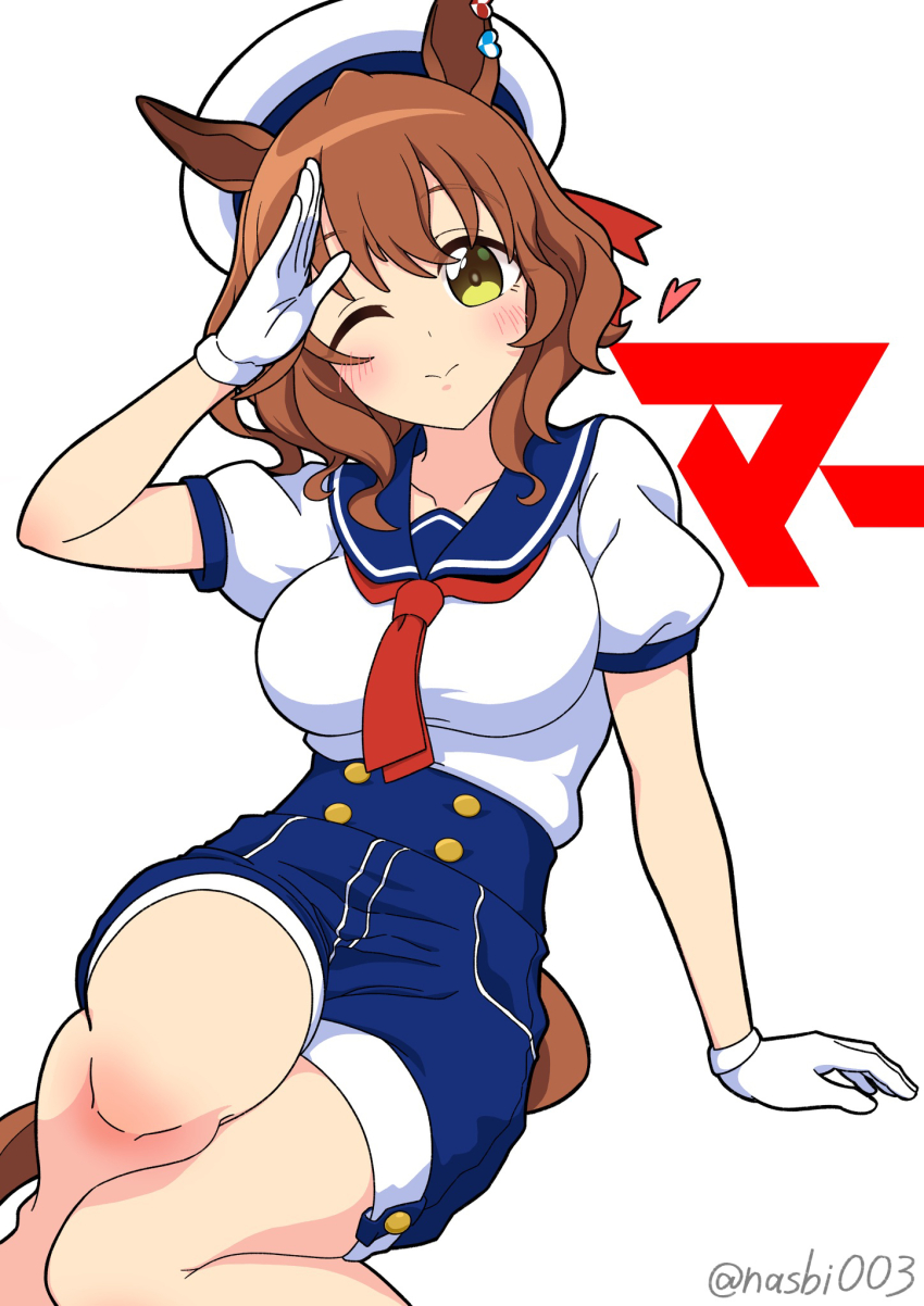1girl, animal_ears, aston_machan_(umamusume), blue_sailor_collar, blue_shorts, blush, breasts, brown_hair, closed_mouth, ear_ornament, genzo_nasu, gloves, green_eyes, hair_between_eyes, hat, heart, highres, horse_ears, horse_girl, horse_tail, large_breasts, looking_at_viewer, medium_hair, neckerchief, one_eye_closed, red_neckerchief, sailor_collar, sailor_hat, sailor_shirt, shirt, short_sleeves, shorts, simple_background, smile, solo, tail, umamusume, white_gloves, white_shirt