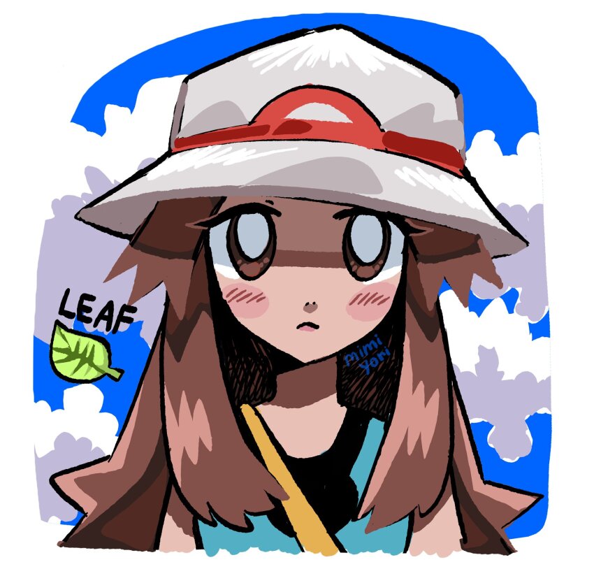 1girl, :<, blue_background, blue_shirt, border, bright_pupils, brown_eyes, brown_hair