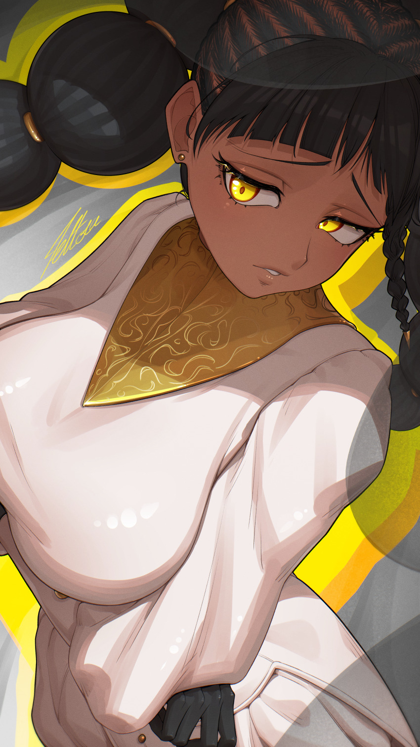 1girl, absurdres, afro_puffs, black_gloves, black_hair, breasts, commentary, crossed_arms, dark-skinned_female, dark_skin, desscaras, earrings, english_commentary, gloves, head_tilt, highres, jewelry, large_breasts, long_hair, long_sleeves, looking_at_viewer, madan_no_ichi, open_mouth, tettora, twintails, very_dark_skin, yellow_eyes