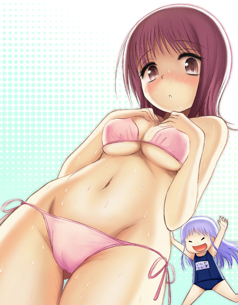 2girls, bad_id, bad_pixiv_id, bikini, blue_hair, blush, breast_suppress, breasts, groin, hip_focus, index_(toaru_majutsu_no_index), itsuwa, jitsudan, long_hair, looking_at_viewer, looking_down, lowleg, lowleg_bikini, multiple_girls, one-piece_swimsuit, panties, purple_eyes, purple_hair, school_swimsuit, short_hair, side-tie_panties, swimsuit, toaru_majutsu_no_index, underboob, underwear, wet