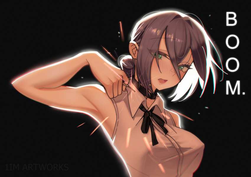 1girl, 1im_illus, absurdres, armpits, artist_name, black_background, black_choker, black_hair