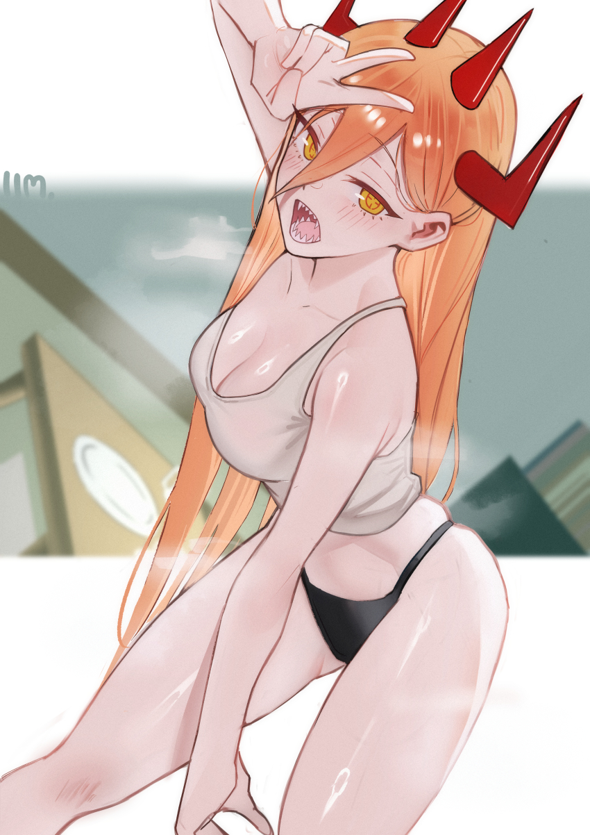 1girl, 1im_illus, absurdres, black_panties, blonde_hair, breasts, chainsaw_man, cleavage, demon_girl, demon_horns, grey_tank_top, hair_between_eyes, hand_up, highres, horns, large_breasts, leaning_forward, long_hair, long_hair_between_eyes, looking_at_viewer, multiple_horns, open_mouth, panties, power_(chainsaw_man), red_horns, sharp_teeth, solo, tank_top, teeth, underwear, v, very_long_hair, yellow_eyes