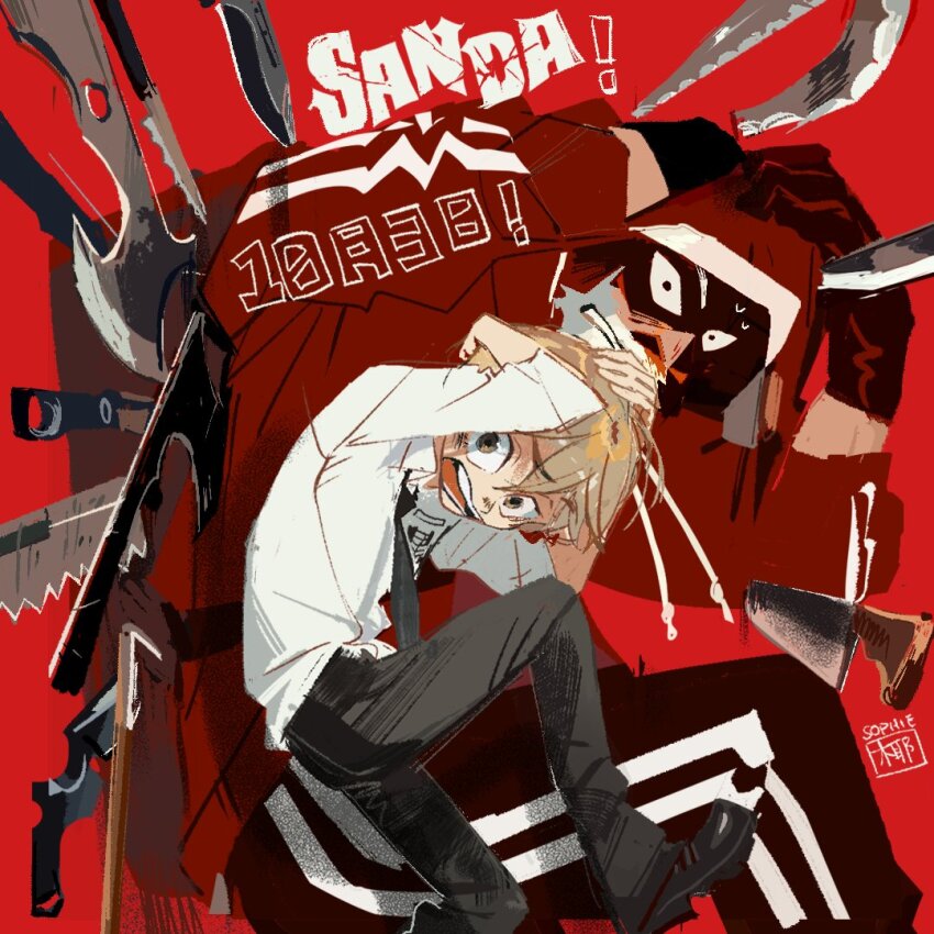 black_boots, black_pants, blonde_hair, boots, cloak, dated_commentary, dodging, hood