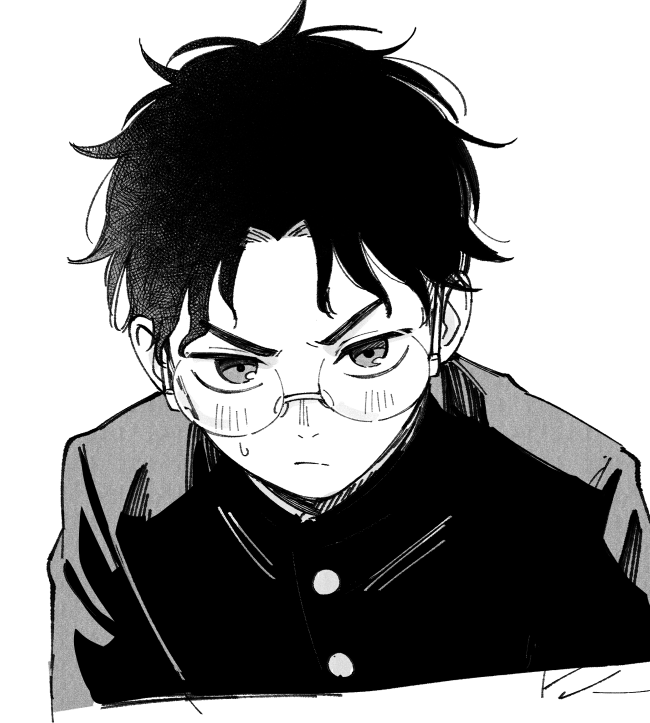 1boy, black_hair, black_jacket, blush, border, ctqnue, dandadan, furrowed_brow