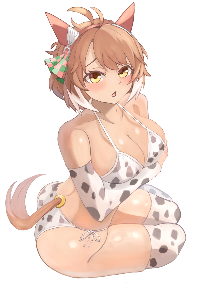 1girl, absurdres, ahoge, animal_ears, animal_print, arm_under_breasts, bare_shoulders, bikini, blush, bow, breasts, brown_eyes, brown_hair, checkered_ribbon, cleavage, collarbone, cow_print, cow_print_bikini, cow_print_sleeves, dantsu_flame_(umamusume), detached_sleeves, ear_covers, ear_ornament, ear_ribbon, hair_between_eyes, hair_ornament, highres, horse_ears, horse_girl, horse_tail, iko_(saikoro_k0702), large_breasts, looking_at_viewer, multicolored_hair, open_mouth, print_bikini, simple_background, sitting, solo, swimsuit, tail, thighhighs, umamusume, white_background, white_hair, yokozuwari
