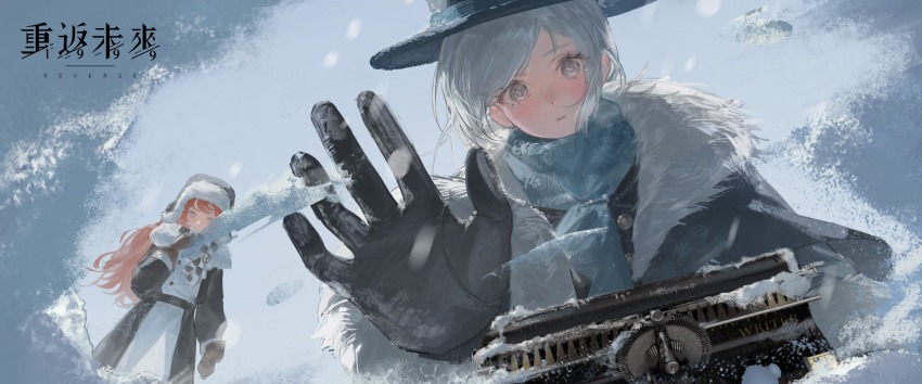 2girls, black_coat, black_gloves, black_hat, blue_scarf, blue_sky, boater_hat, brown_coat