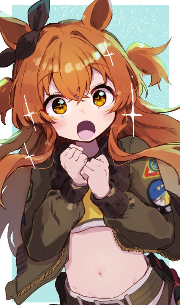 +_+, 1girl, :o, animal_ears, belt, black_bow, blue_background, bow