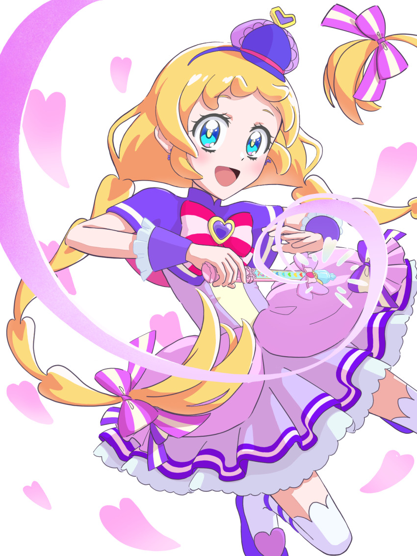 1girl, :d, blonde_hair, blue_eyes, blush, bow, bow_earrings, braid