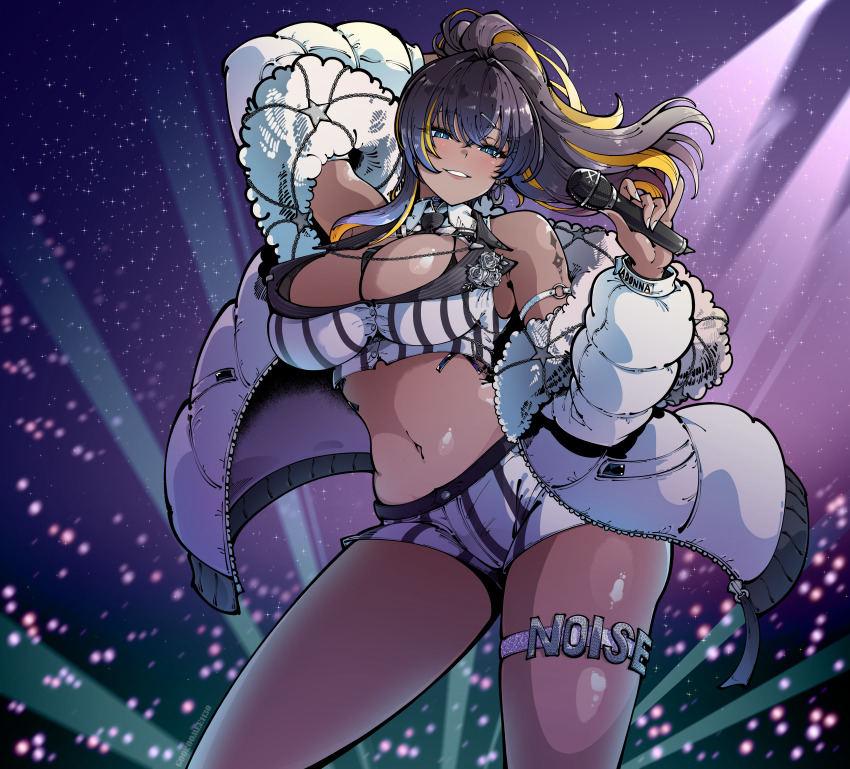 1girl, absurdres, breasts, coat, concert, dark_skin, goddess_of_victory:_nikke, gooroomee