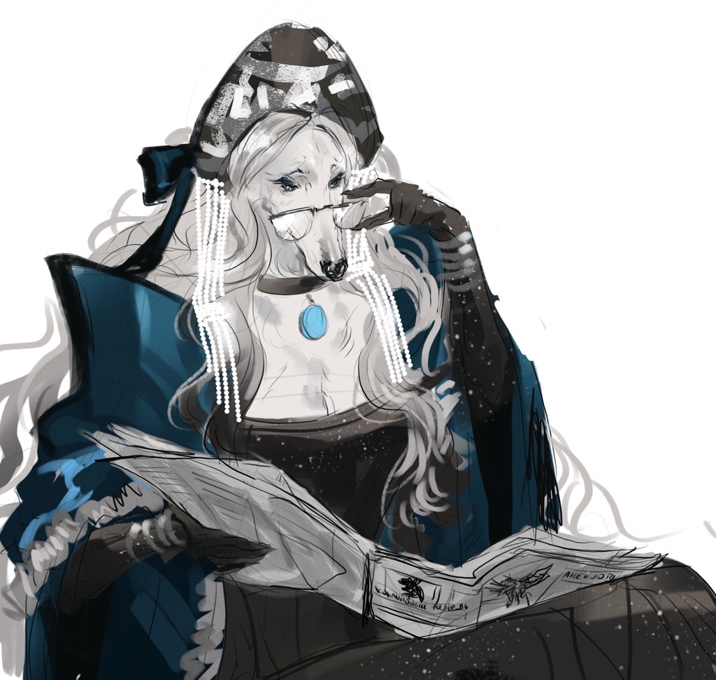 1girl, arknights, black_dress, bracelet, coat, dog_girl, dress, elisaveta_konstantinovna_(arknights), furry, furry_female, jewelry, long_dress, long_hair, s11puha, solo, very_long_hair, white_hair