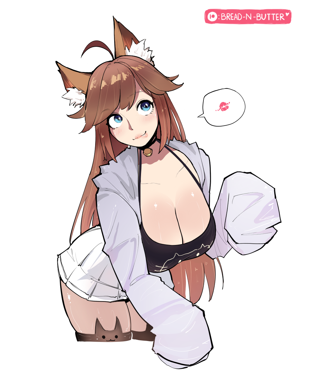 +_+, 1girl, ahoge, animal_ears, bell, biting_own_lip, blue_eyes, bread-n-butter, breasts, brown_hair, cat_ears, cat_girl, chelzor_the_destroyer, collar, fangs, highres, hood, hoodie, indie_virtual_youtuber, kiss, large_breasts, long_sleeves, neck_bell, non-web_source, pleated_skirt, skirt, tank_top, thighhighs, virtual_youtuber, vitual_youtuber
