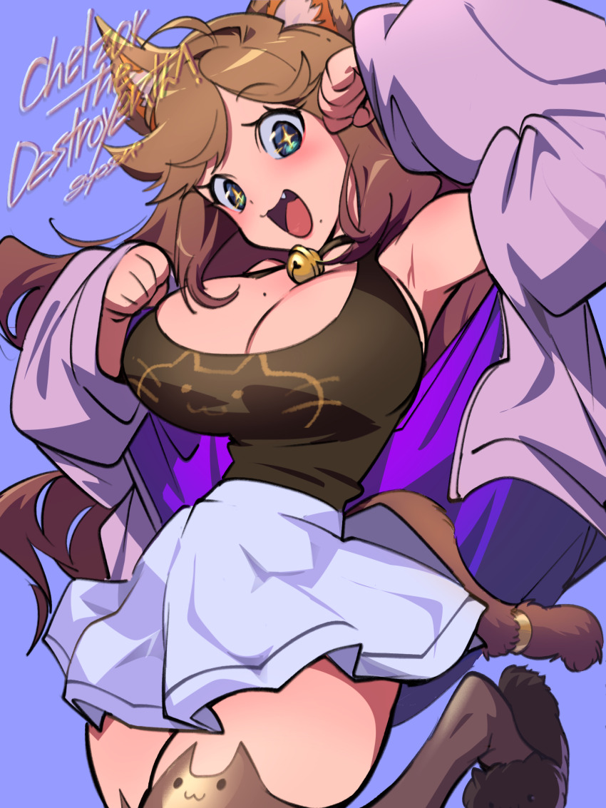 +_+, ahoge, animal_ears, bell, black_choker, blue_eyes, breasts, brown_hair