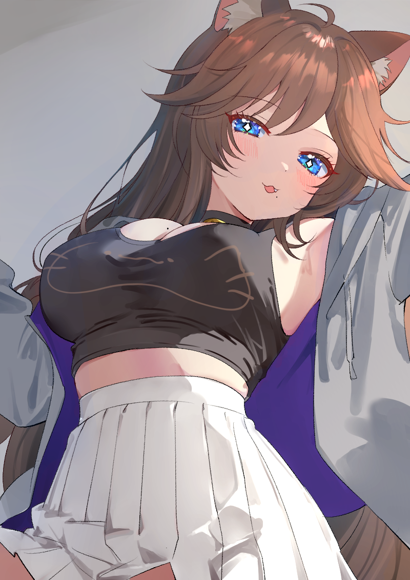 +_+, ahoge, animal_ears, armpits, bell, blue_eyes, breasts, brown_hair