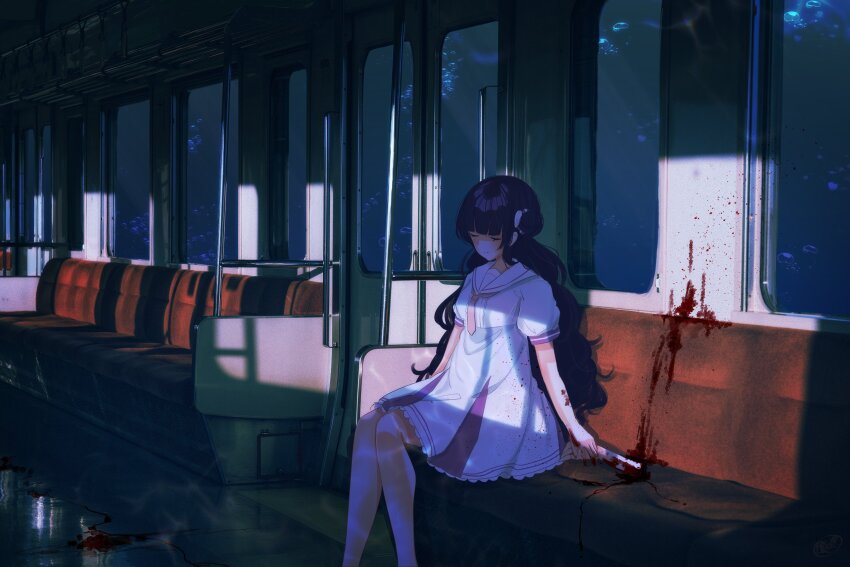 1girl, absurdres, aquarium_wa_odoranai, blood, blue_hair, daidai_(nana1234567), dress, hair_bun