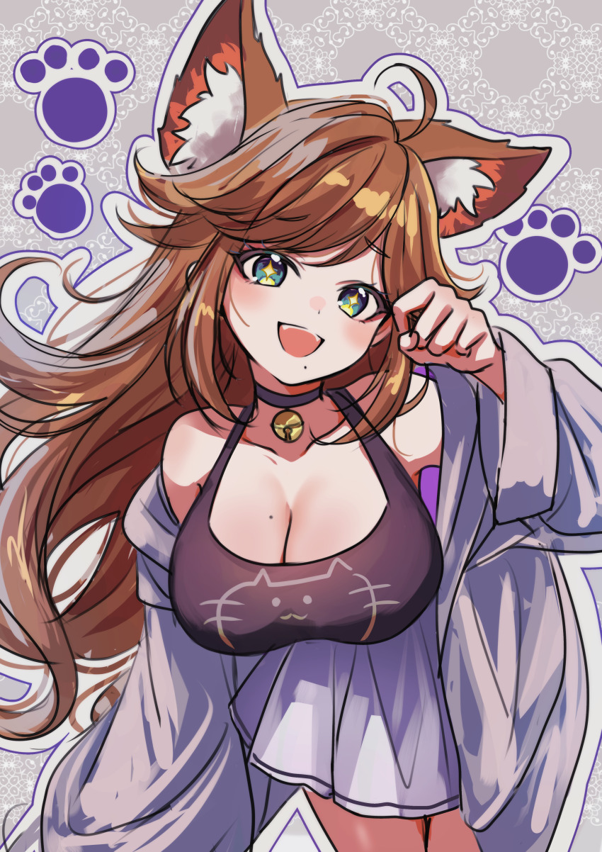 +_+, absurdres, ahoge, animal_ears, bell, blue_eyes, breasts, brown_hair