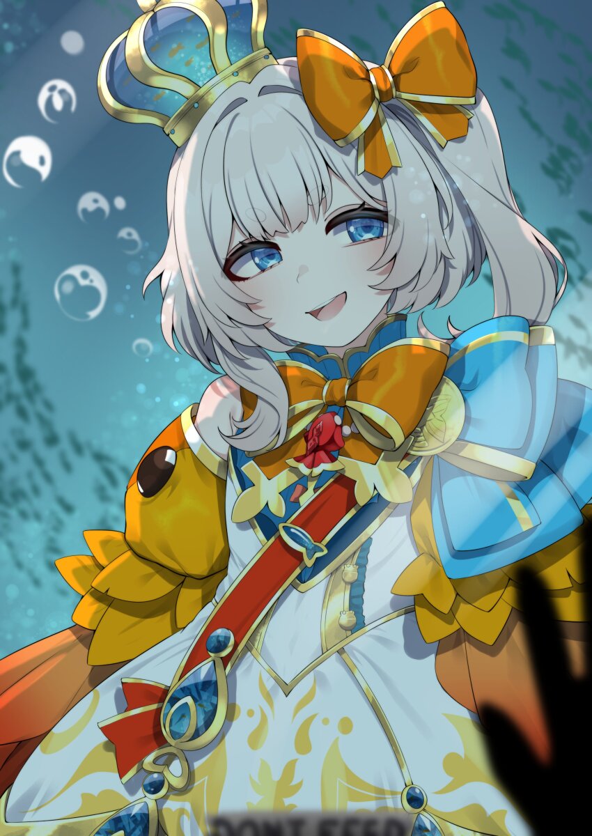 1girl, absurdres, blue_eyes, bow, bowtie, bubble, crown, hair_bow