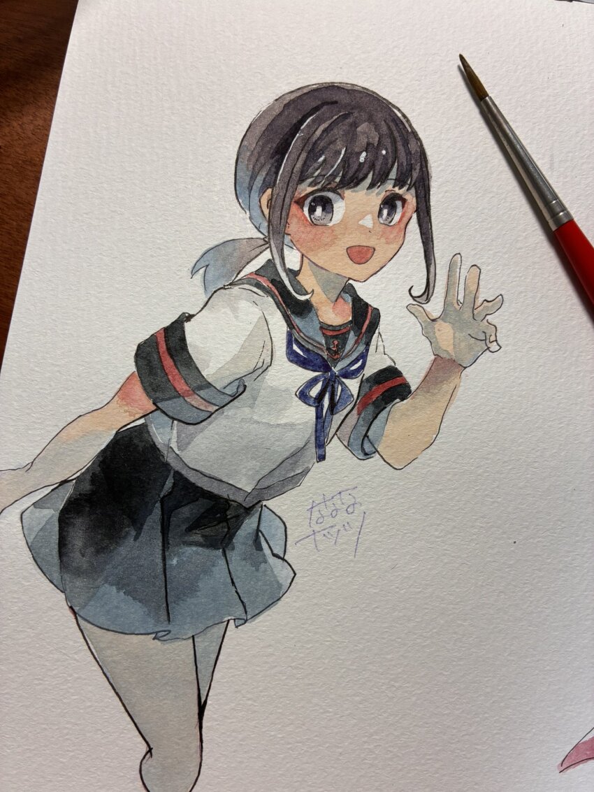 1girl, :d, anchor_print, black_sailor_collar, black_skirt, blue_neckerchief, blush, brown_hair