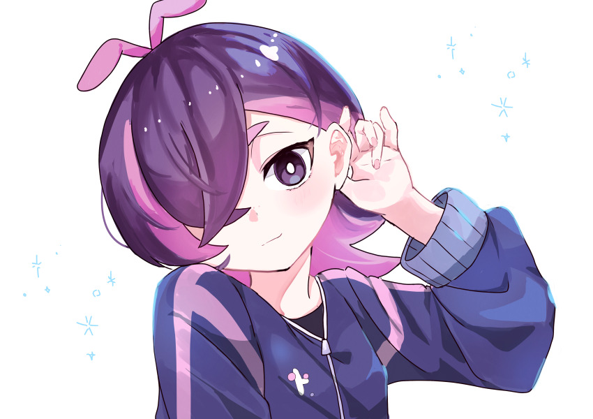 1girl, 3yk0_h, absurdres, closed_mouth, dot_(pokemon), hair_over_one_eye, highres, jacket, long_sleeves, looking_at_viewer, medium_hair, multicolored_hair, nintendo, pink_hair, pokemon, pokemon_(anime), pokemon_horizons, purple_eyes, purple_hair, purple_jacket, smile, solo, two-tone_hair, upper_body, white_background, zipper_pull_tab