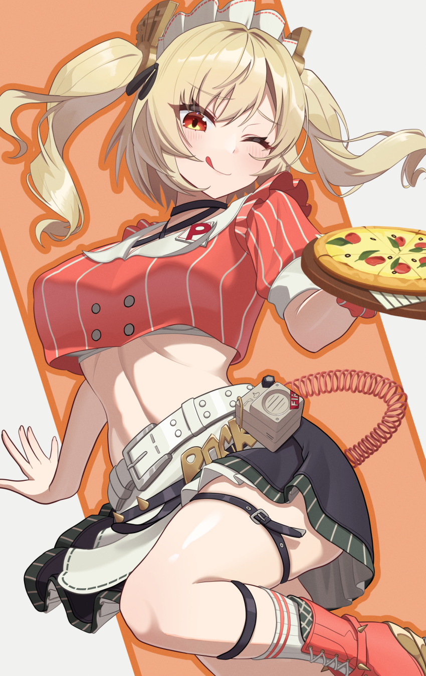 1girl, black_skirt, blonde_hair, blush, bra, bra_peek, breasts, burnice_white