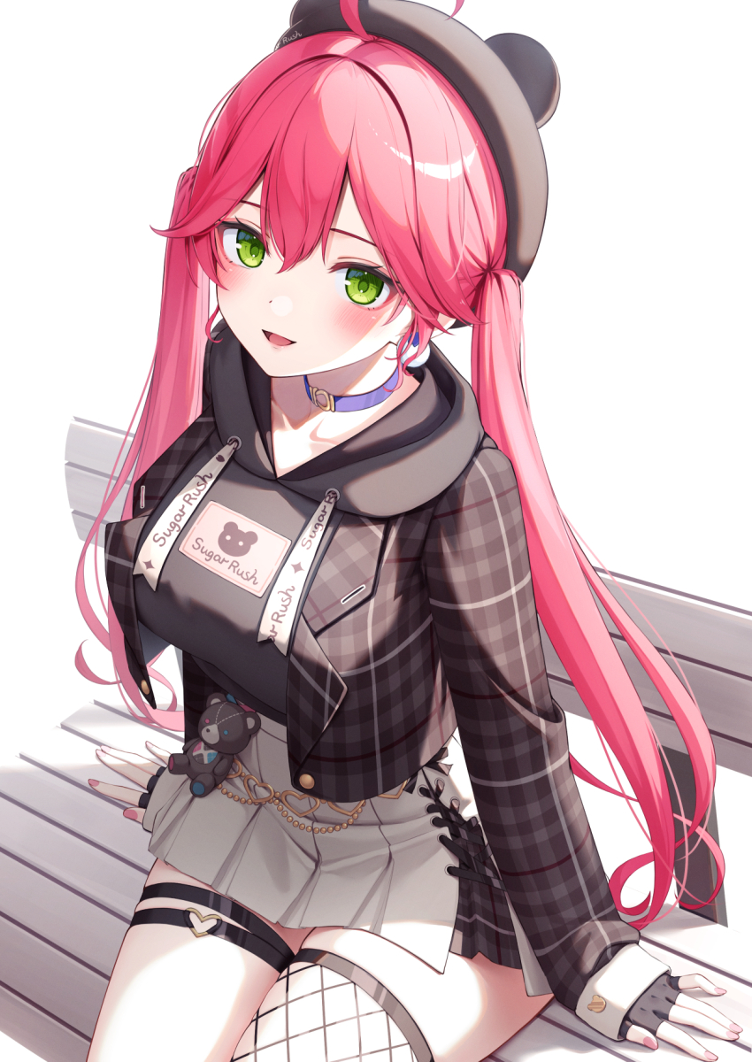 1girl, ahoge, alternate_costume, arm_support, bench, beret, black_gloves, black_hat